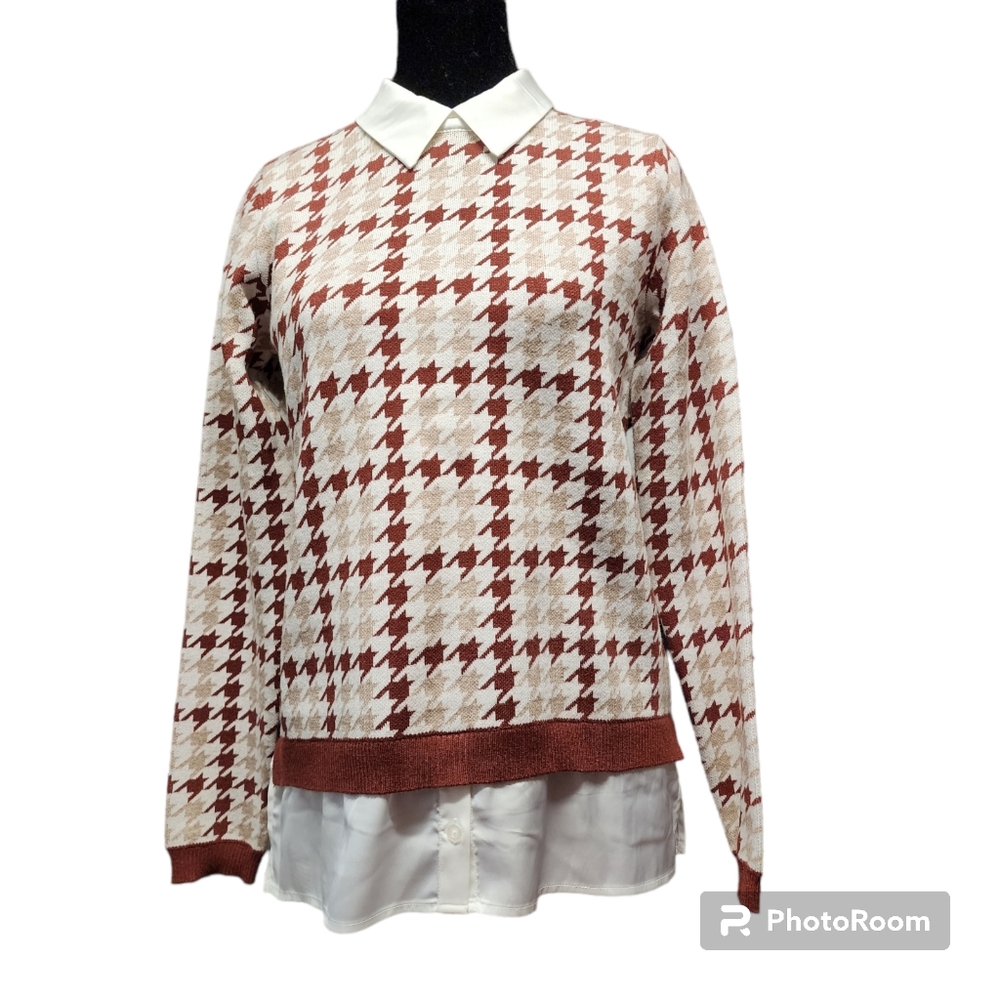 XS Jones & Co Preppy Square Print Longsleeve Swester Top